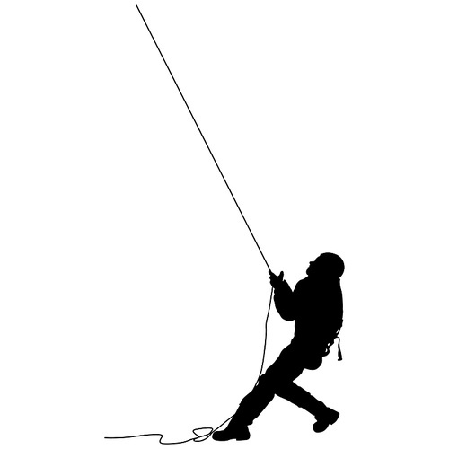 Black silhouette craftsman pulling rope on white background.