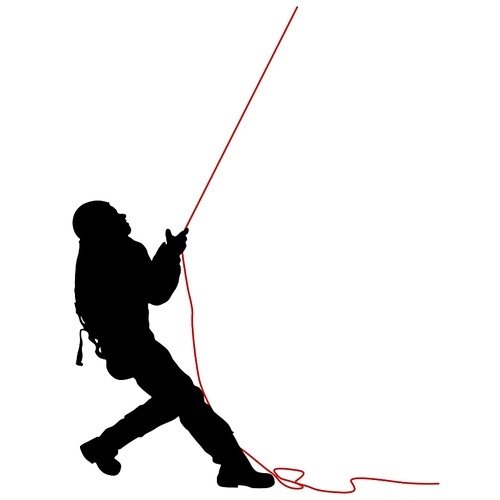 Black silhouette craftsman pulling rope on white background.