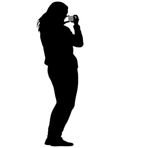 Silhouettes woman taking selfie with smartphone on white background.