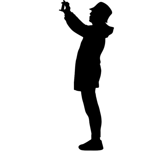Silhouettes woman taking selfie with smartphone on white background.