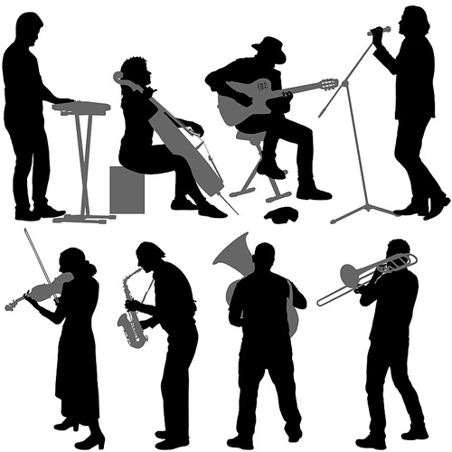 Silhouettes street musicians playing instruments on a white background.