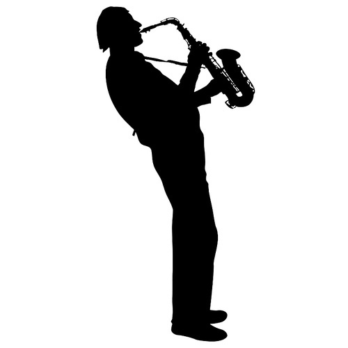Silhouette of musician playing the saxophone on a white background.