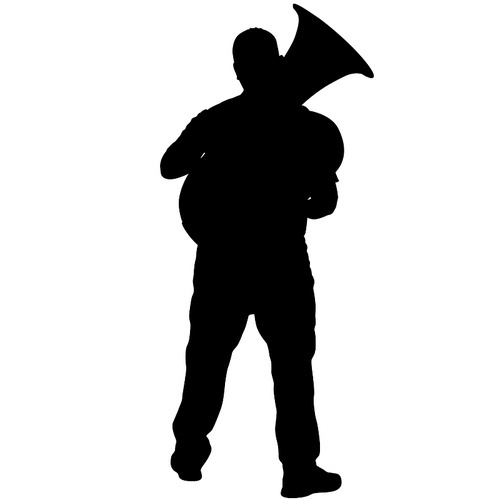 Silhouette of musician playing the tuba on a white background.