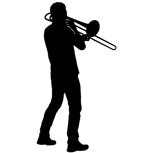 Silhouette of musician playing the trombone on a white background.