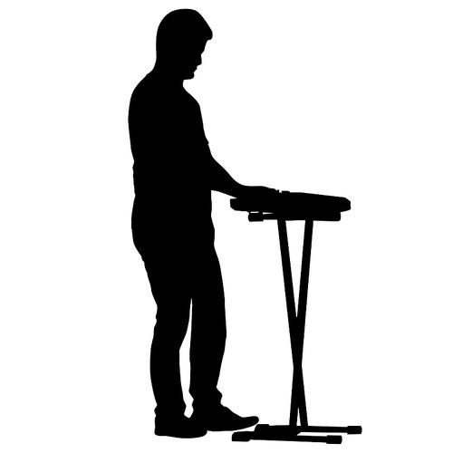 Silhouette musician plays the synthesizer on a white background.
