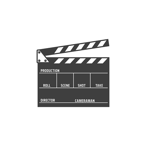 Clapper board isolated film production desk monochrome icon. Vector movie shooting instrument with mention of scene and shot number, director and cameraman. Cinema clapboard, scene and action board