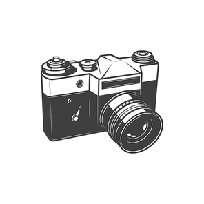 Old photo camera, photography shooting equipment isolated monochrome icon. Vector analog vintage cam with folding lens or object-glass, photographer instrument, photo-camera photography symbol