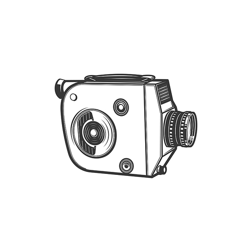 Retro projector old video camera isolated cam monochrome icon. Vector professional vintage photocamera, vintage cinematography footage recorder. Movie camera, motion pictures production device