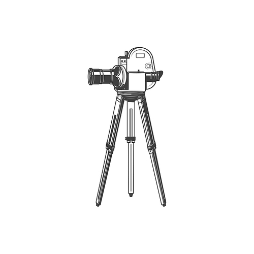 Retro movie camera on tripod isolated monochrome icon. Vector film projector, motion picture symbol. Movie time, professional vintage photocamera. Cinematography and motion picture equipment