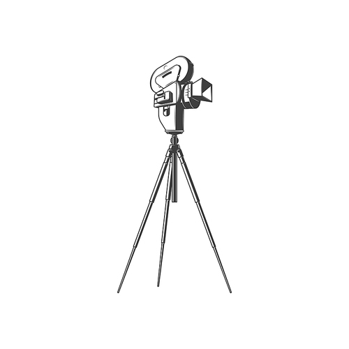 Vintage photocamera on tripod isolated movie making equipment monochrome icon. Vector retro cinematography device, antique photo or video camera on stand. Film projector, cinema recording device