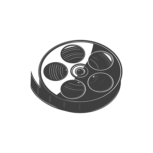 Film reel with cinema tape isolated monochrome icon. Vector filmstrip, photo and video tape in roll. Documentary footage spool with negative reel in circle, cinematography coil, multimedia emblem