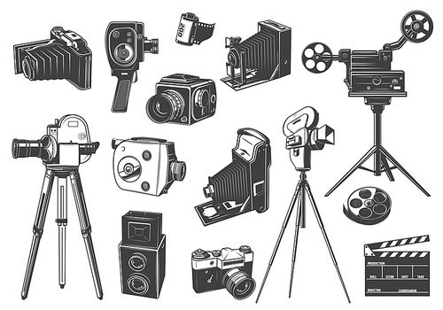 Retro photo and movie cameras, cinema projector icons. Home movie, full and medium format photo cameras, 35 mm film roll and clapperboard engraved vectors. Photography and cinematography old equipment