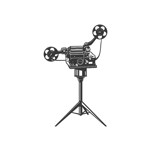 Retro photocamera, film making machine, cinematography cam isolated monochrome icon. Vector old film projector, camera with reels, movie making instrument on tripod, vintage motion picture symbol