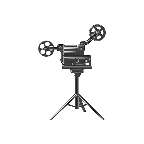 Old film projector isolated retro camera with reels monochrome icon. Vector retro movie camera on tripod, vintage motion picture symbol. Retro photocamera, film making machine, cinematography cam