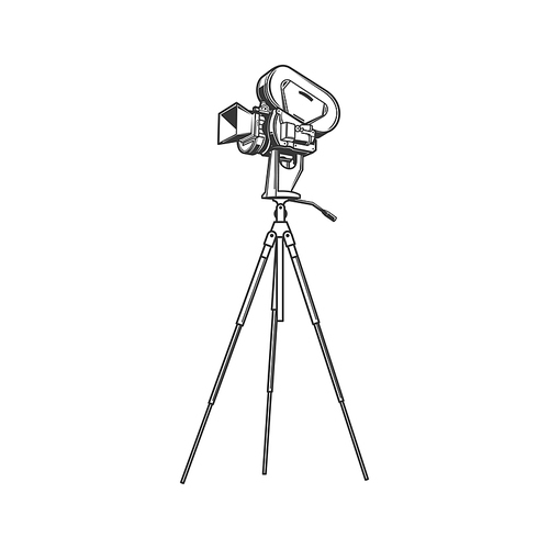 Film projector, cinema recording device isolated monochrome icon. Vector vintage photocamera on tripod movie making equipment. Retro cinematography device, antique photo or video camera on stand