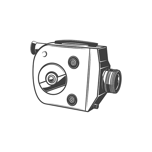 Vintage cam, cinema films old projector isolated vintage camera monochrome icon. Vector retro movie camera, motion pictures production device. Professional vintage photocamera, cinematography emblem