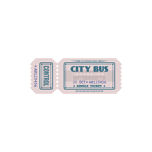 Bus ticket template isolated  on city transport service. Vector retro control tire-off line, keep ticket till end of trip. Public transportation by intercity bus, vintage one way paper cardboard