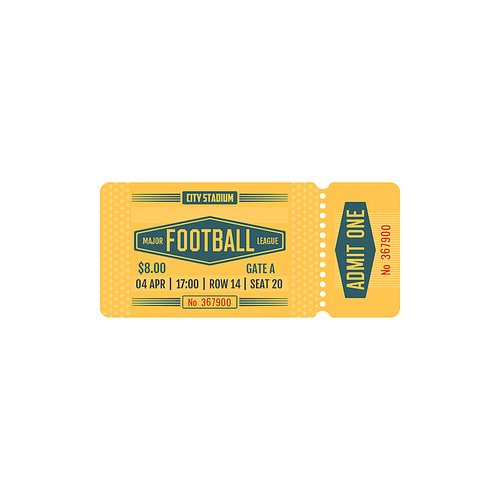 Football ticket major league game, vector card for soccer team match on city stadium. Retro vintage paper or carton admit one template with perforated line isolated on white 