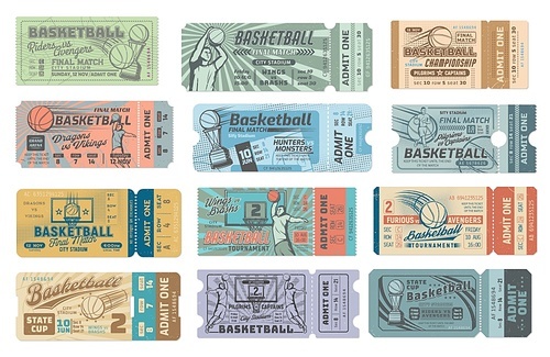 Basketball game tickets, sport tournament, team championship final match entry vector pass on sport arena or stadium. Basketball player throwing ball in hoop, jumping for slam dunk, winners prize cup