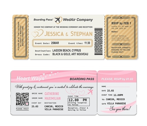 Boarding pass ticket, wedding invitation template to marriage party, vector. Wedding love gift, romantic travel flight ticket or boarding pass to honeymoon paradise, RSVP ceremony invitation card