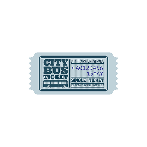 Ticket on bus, city transport service isolated retro blue  with control number and date. Vector single boarding,  on intercity transport. One way or single ticket, keep until end of trip