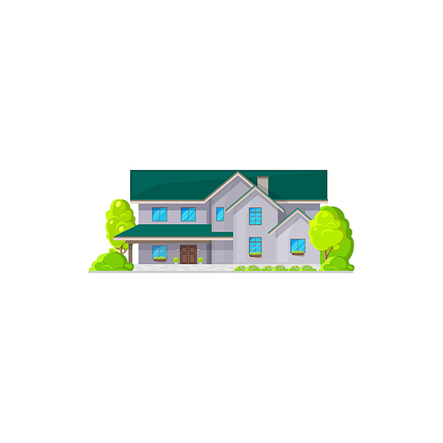 Modern house with windows, flowers in pots at sills isolated villa icon. Vector real estate building on rent or sale. Contemporary rural chalet country house, facade of modern home, planted trees