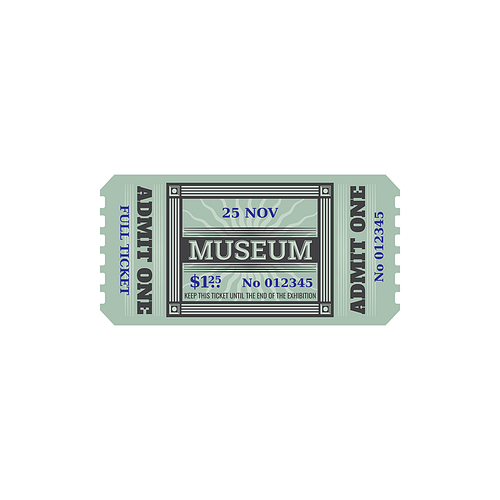 Random ticket to museum isolated retro  paper card. Vector voucher access to history museum, single entry, admit one. Invitation on excursion or exhibition to museum, mention of date and price