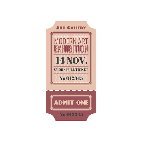 Full ticket to modern art exhibition isolated retro paper card. Vector invitation on excursion or museum, admit one, mention of date and price. Voucher access to art gallery, single entry with number