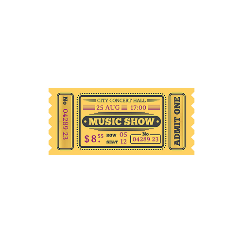 Ticket to music show in central music hall isolated retro card. Vector admit one on live music play on stage, performance with orchestra music in city hall. Vintage retro card on virtuoso show