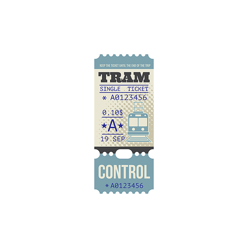 Retro tram ticket isolated template, trip paper  with perforated cut line. Vector transportation vintage pass card. Boarding tram single ticket control with date, city transport access
