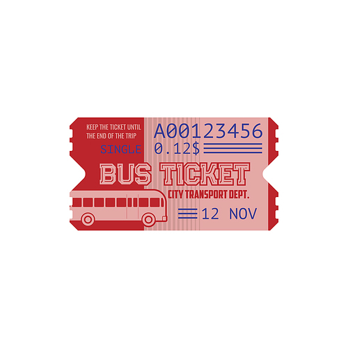 Single bus ticket on city transport isolated retro  template. Vector date, time and control number perforation, perforated carton card. Public transport vintage one way or single trip ticket