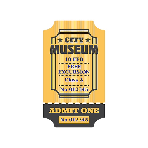 Ticket to city museum, numbered paper card with price, free excursion included. Vector admit on performance or excursion in museum,  with date, special voucher. Admission to visit exhibition
