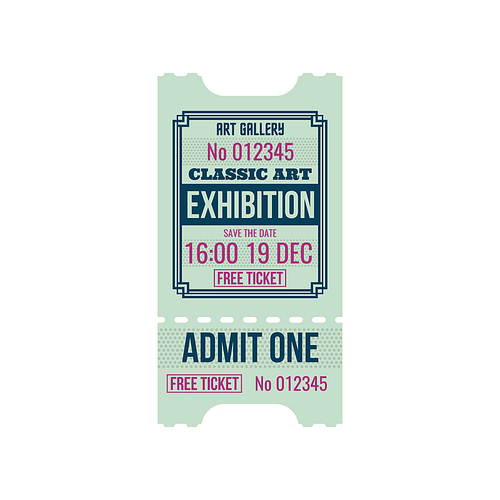 Ticket to classic art exhibition, numbered paper card, free ticket. Vector admit one excursion in museum of modern arts, admission to visit exhibition at city painting gallery. Coupon special voucher