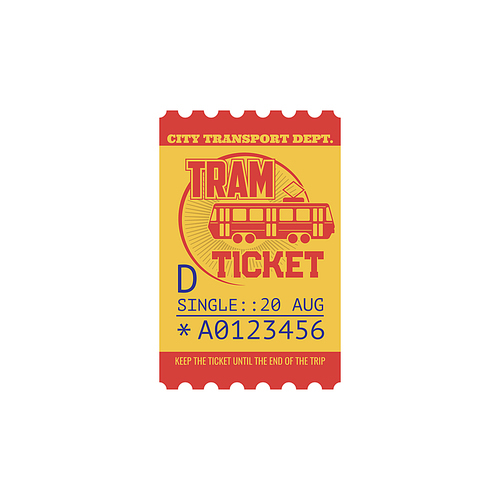 Single ticket on tram class D, control line. Vector retro one trip paper  with perforated cut line. Boarding on tram ticket control with date, city transport access. Transportation vintage pass