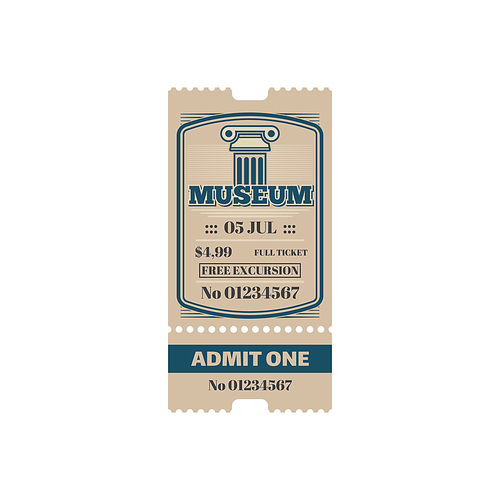 Full ticket to city history museum isolated . Vector admit one with free excursion, vintage  with antique historical building. Exhibition in historical museum, voucher access single entry