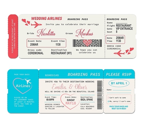 Boarding pass tickets, wedding invitation vector template. Wedding airline flight boardpass card, air travel  or passport, wedding ceremony or marriage vacation invite design with hearts