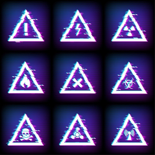 Glitch warning signs on screen, hazard danger vector pixel icons. Digital signal noise, warning symbols in glitch biohazard radiation, high voltage, flammable, and chemical danger triangle signs