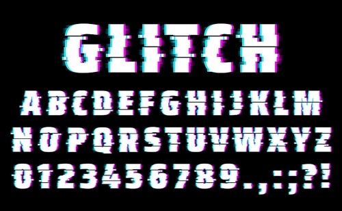 Glitch font of vector alphabet letters and numbers type. Distorted typeface with computer or TV screen noise, television signal fail and data decay effects, retro glitch typography font design