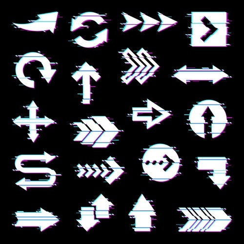 Arrows and pointers set with screen glitch effect. Turnover, two-way traffic and main road signs, circular motion, left and right directions, web navigation pointers with glitching pixels vector