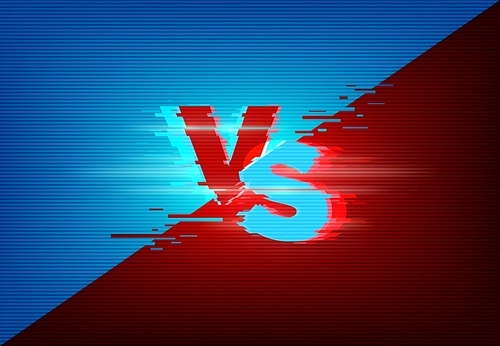 vs background with glitch on screen effect. sport tournament broadcast, boxing fight or team championship video concept with vs monogram and tv display pixels glitching lines vector