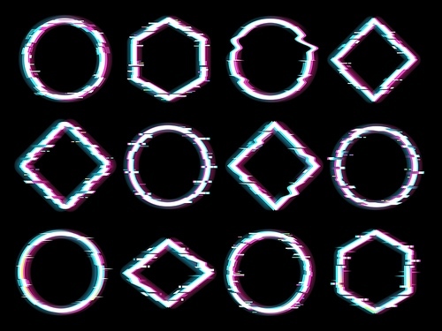 Geometrical figures set with glitch effect. Circle, square and rhombus, pentagon shapes with violet and blue neon halo or aureola, glitching screen digital pixels mosaic visual effect vector