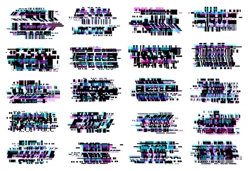 Glitch effect vector icons, abstract glitched distortion with colored stripes and random pixels. Television screen distorted glitch video, VHS camera and no signal TV effect isolated on white