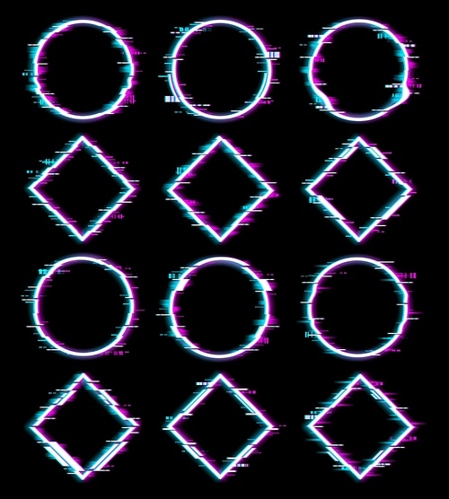 Screen glitch effect on geometric figures. Distorted circle, square or rhombus with screen pixels digital noise. Cyberpunk, 80s retro vector design elements with neon halo or aureola light