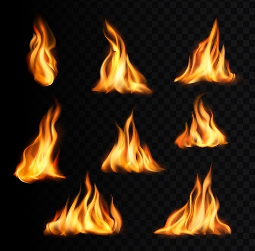 burning fire flames and trails, campfire vector tongues. torch flames, bonfire glow orange and yellow shining flare blaze realistic 3d effect, inferno ignition tongues set isolated on black