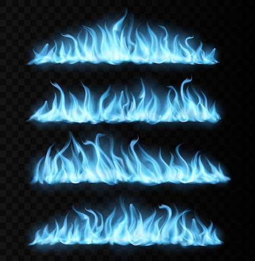 Blue realistic gas fire trails, long burning tongues. Vector magic flames, burning blaze 3d effect, glowing shining flare borders. Fire design elements isolated on black or transparent background