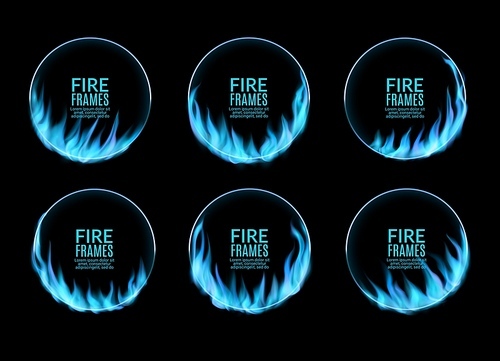 Round frames, blue gas fire flame, vector burning rings. Burned hoop holes in fire, realistic burn circles with flame tongues. 3d flare circles for circus performance, isolated circular borders set