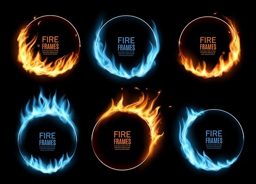 Round frames with fire and gas flames, vector burning borders with blue and orange blaze tongues. Burned rings, hoop holes in fire, realistic burn 3d flare circles for circus performance isolated set