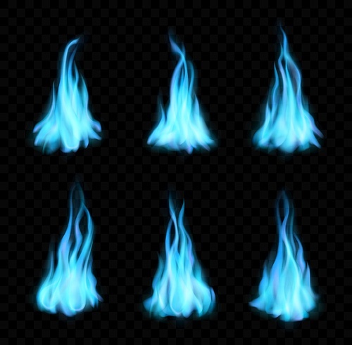 Natural gas burning blue flames, bonfire, realistic fire with long tongues. Vector blaze 3d effect, glowing shining flare design elements, magic inferno ignition set isolated on black background