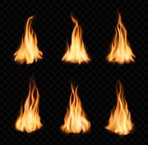 burning fire flames and trails, vector campfire set. torch or bonfire blaze glow effect. orange shining flare, inferno blazing realistic 3d ignition tongues isolated on black or transparent