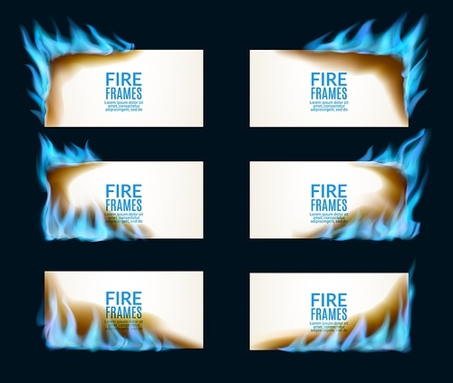 Burning paper banners with natural gas flames. Sale hot offer promotion, heating solution or forge ad banners with burning realistic vector magical, glowing blue light fire sides, flaming hot corners
